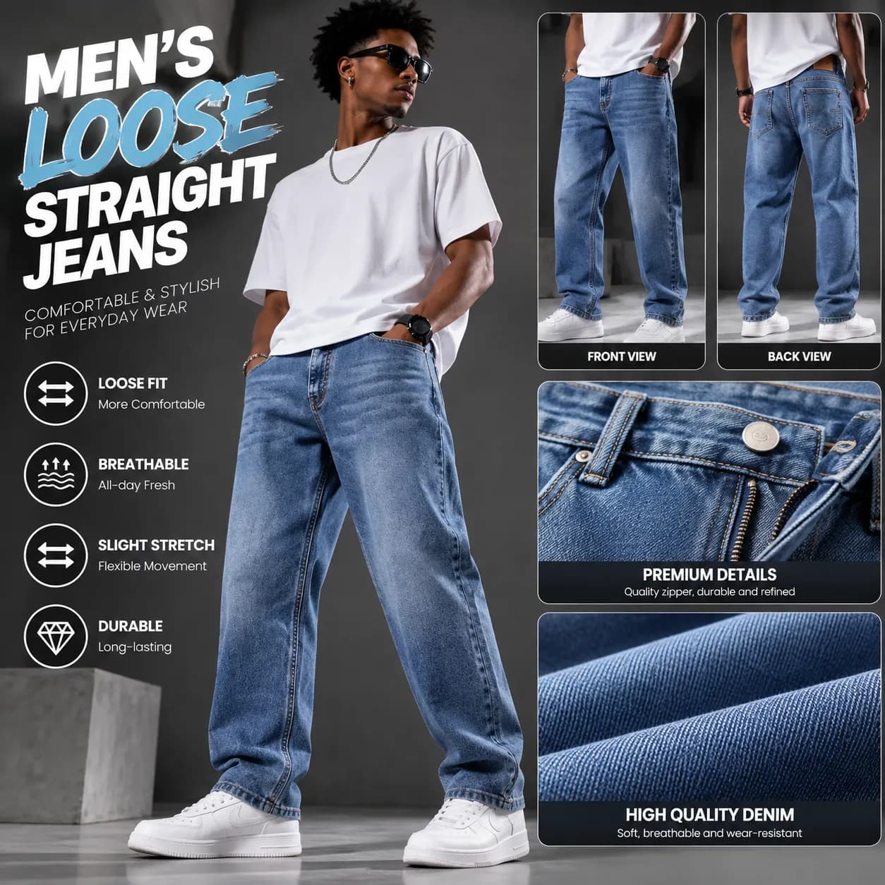 Men's Loose-Fit Straight-Leg Denim Jeans – Light Wash, Mid-Rise, Summer Weight