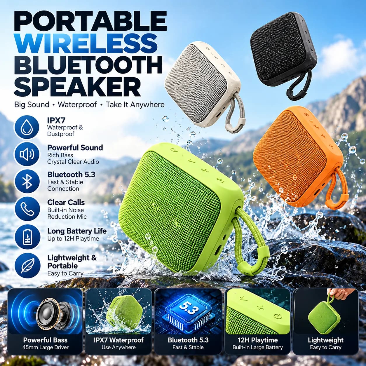 Portable Bluetooth Speaker with IPX7 Waterproof, TWS Pairing & 360° Sound