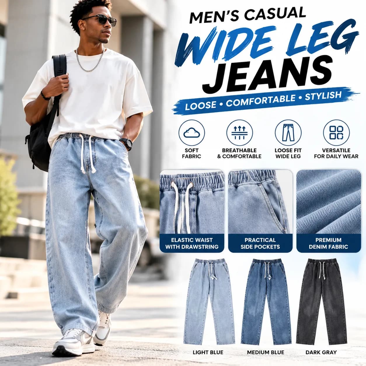 Men's Straight-Leg Denim Pants – Washed Casual Trousers, S–5XL, 5 Colours
