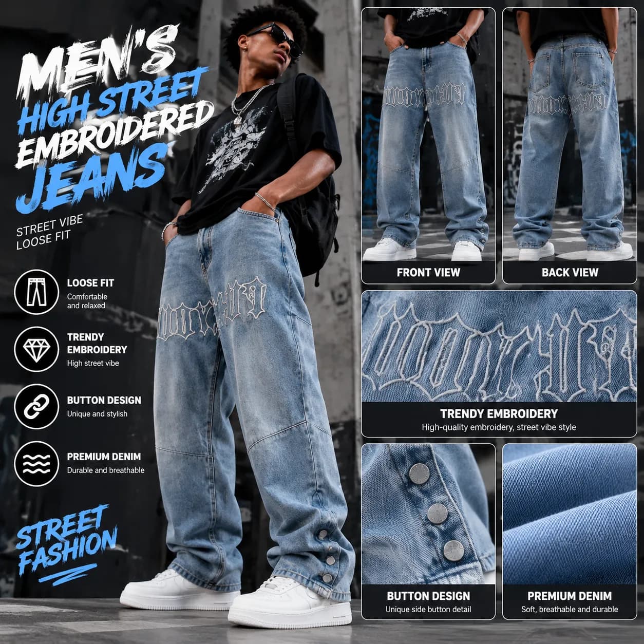 Men's Loose Straight Denim Jeans with Embroidered Detail