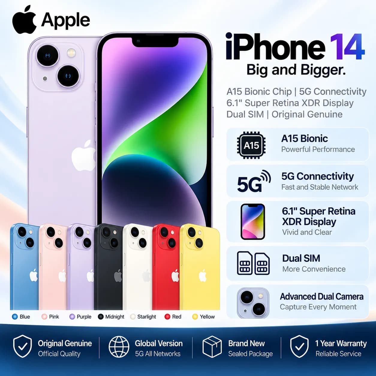 iphone 14 5G Smartphone with Dual SIM, 6.1-inch Display, 128GB/256GB, Multi-Color