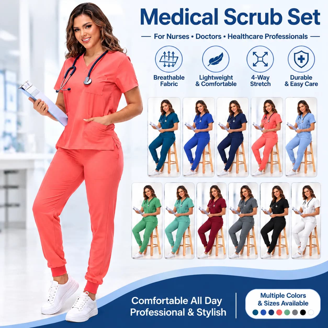 Unisex Medical Scrub Set - Short Sleeve V-Neck Top & Long Pants, Moisture-Wicking