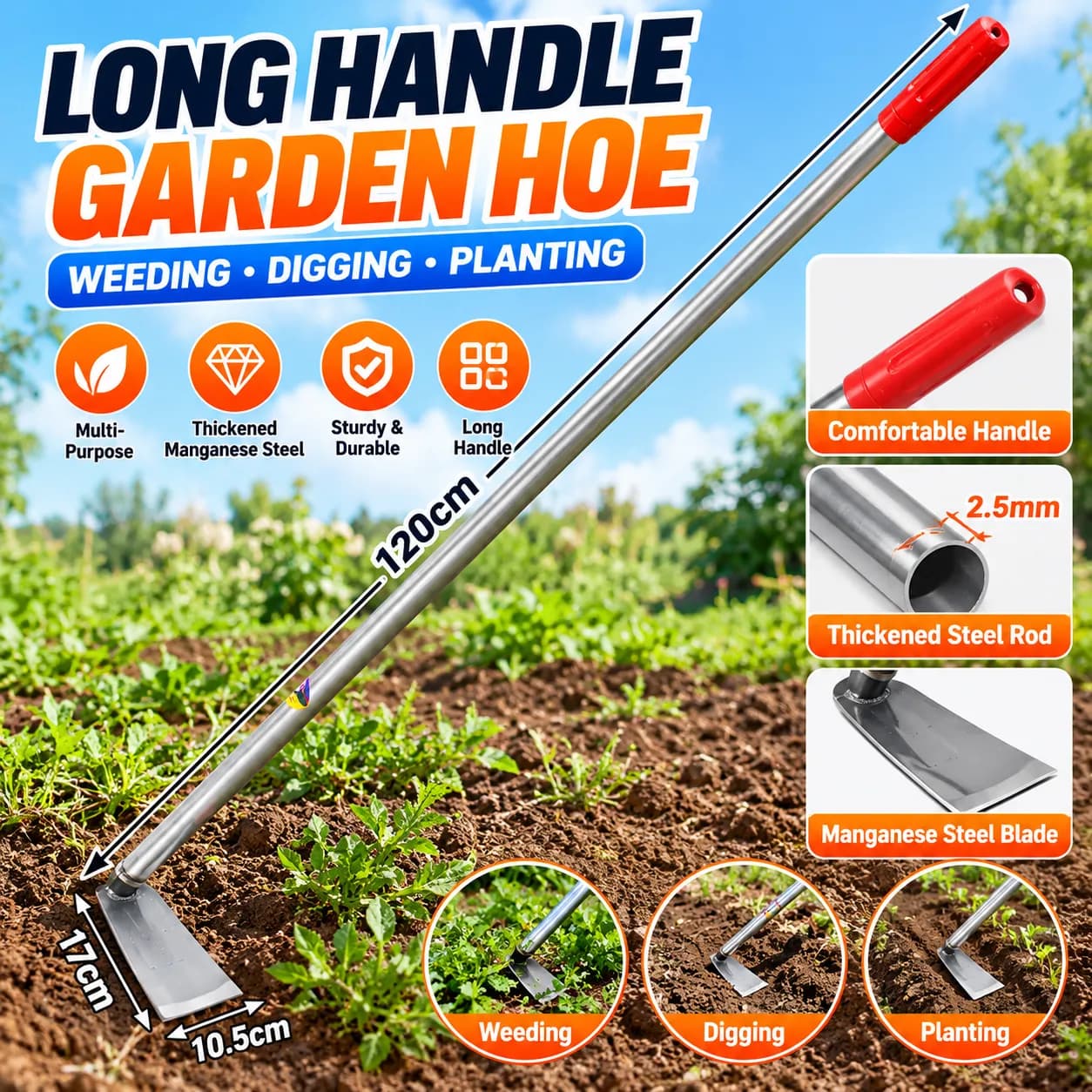 Steel Garden Hoe with Steel Handle — Multiple Sizes for Wholesale