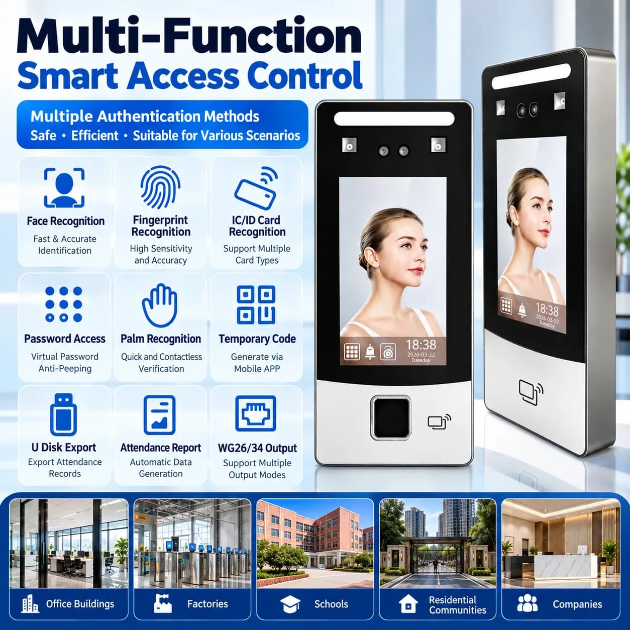 Multi-Modal Time Attendance & Access Control Terminal with Face, Palm, Card & Password