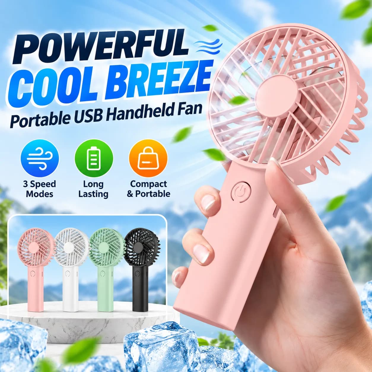 Portable Handheld Fan with Phone Stand – 3-Speed, Rechargeable, 3-6H Runtime