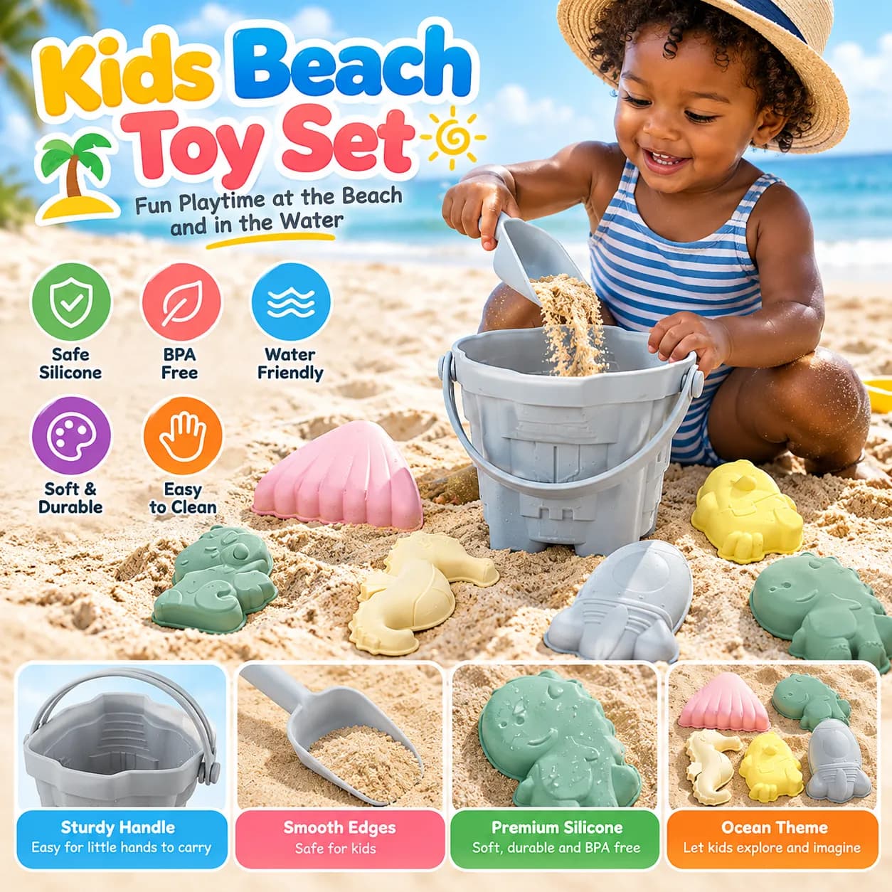 Kids' Beach Sand Toy Set – 6/8-Piece Bucket & Shovel Kits for Outdoor Play