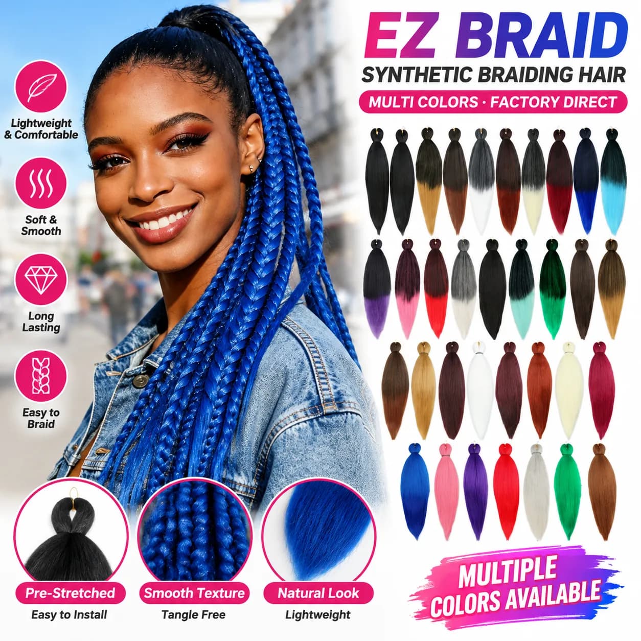 EZ Braiding Hair Extensions – 26" High-Temp Fiber, 90g, 40+ Colors