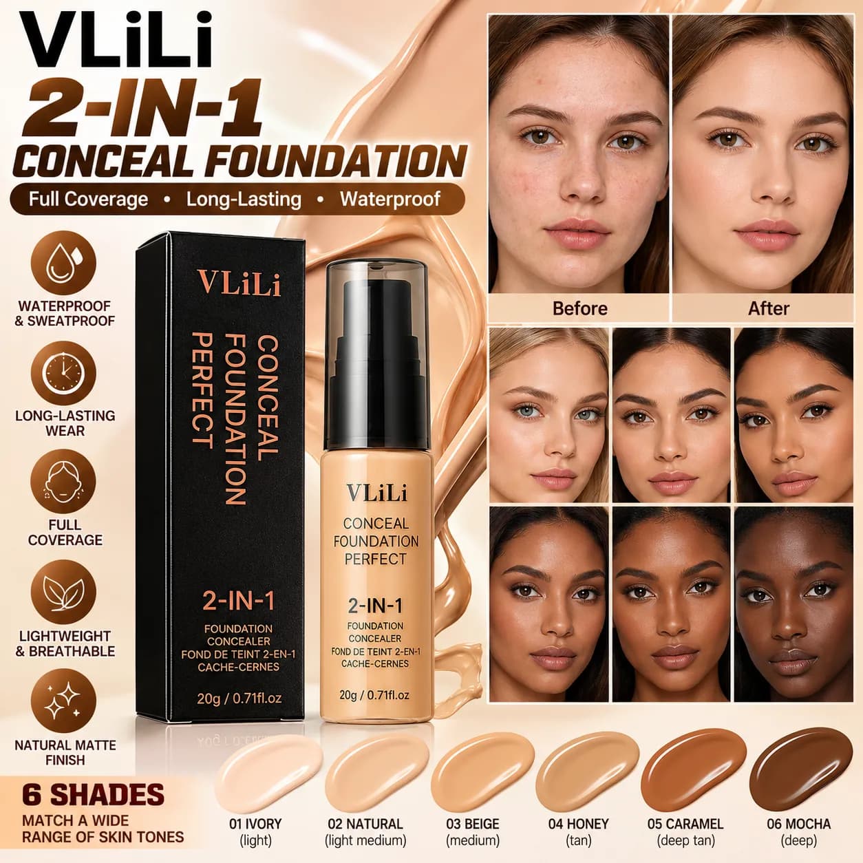 6-Shade Liquid Concealer & Foundation – Full Coverage, 20ml