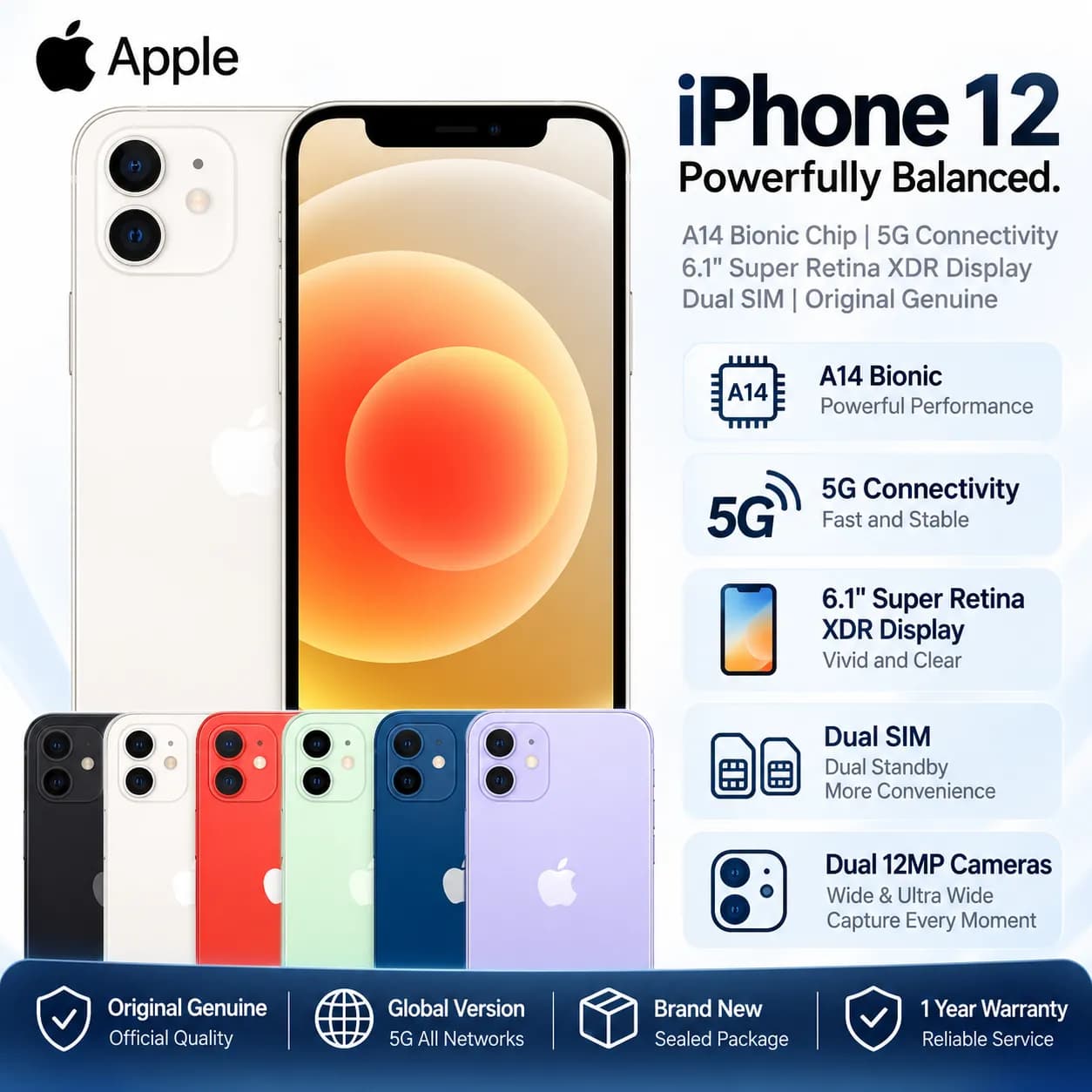 iphone 12 5G Smartphone 6.1" Dual SIM 128GB/256GB