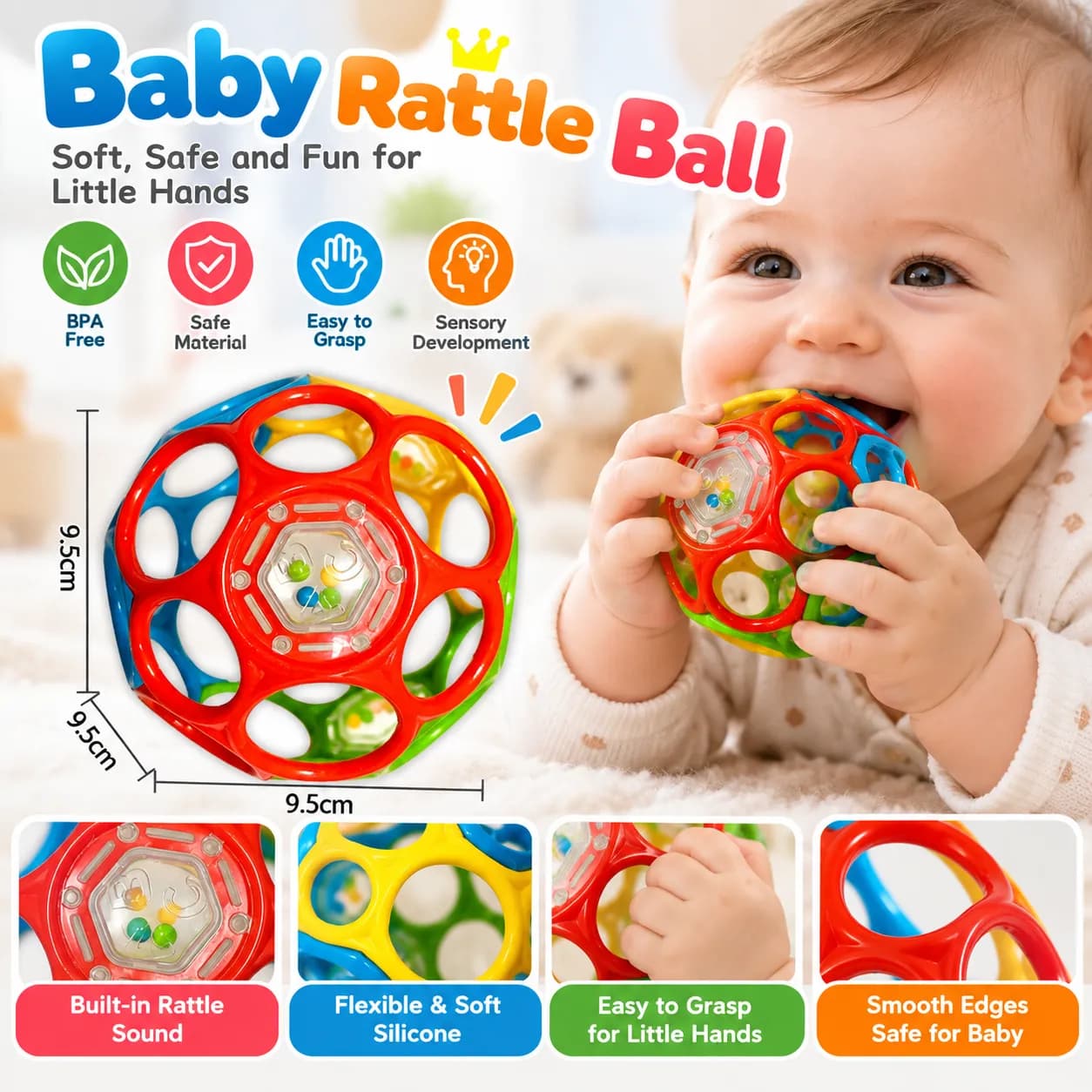 Soft Rubber Baby Rattle Ball & Dumbbell Set for Infants