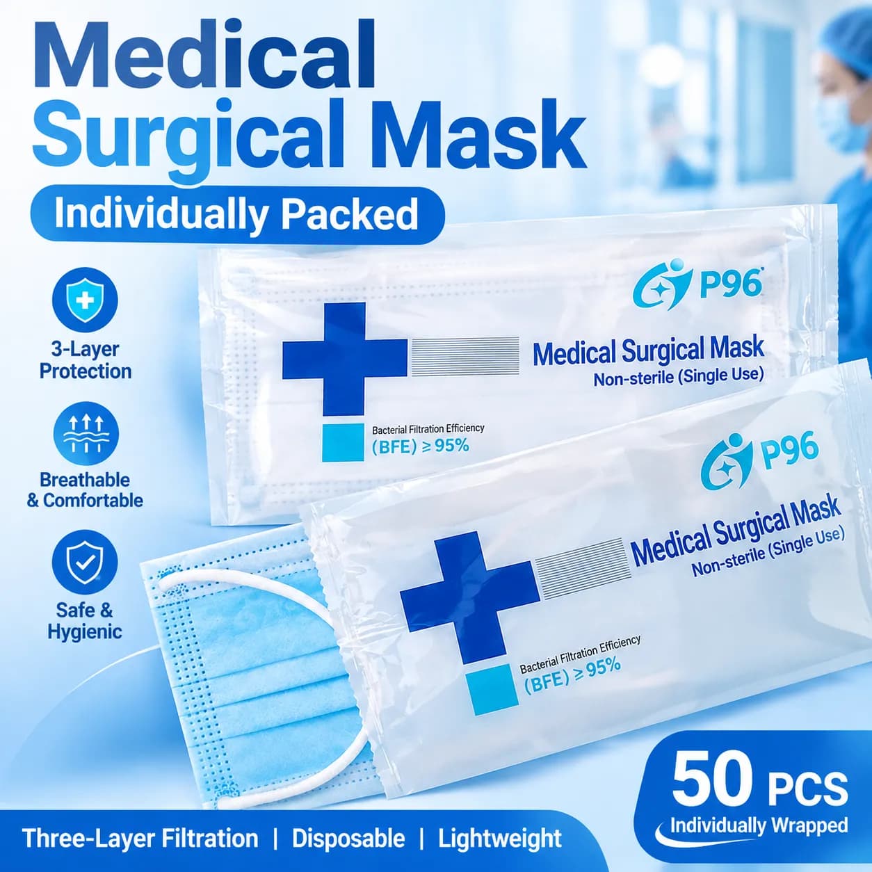 Disposable 3-Ply Medical Surgical Masks - Individually Packed, Ear Loop