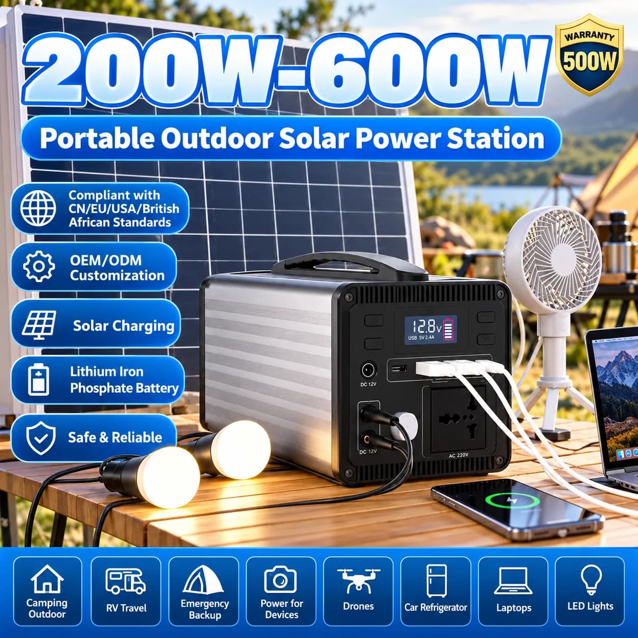 Portable Power Station 200W-600W LiFePO4 & Li-ion Solar Generator for Outdoor & Backup Power