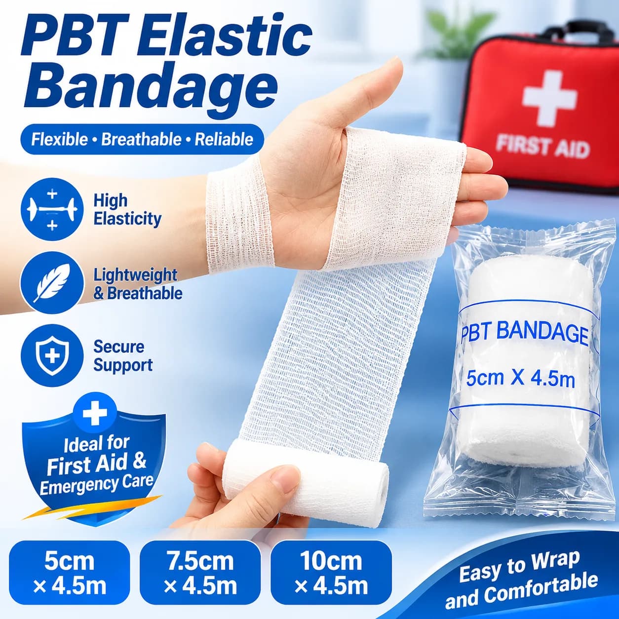 PBT Elastic Bandage First Aid Wrap – 5cm / 7.5cm / 10cm x 450cm
