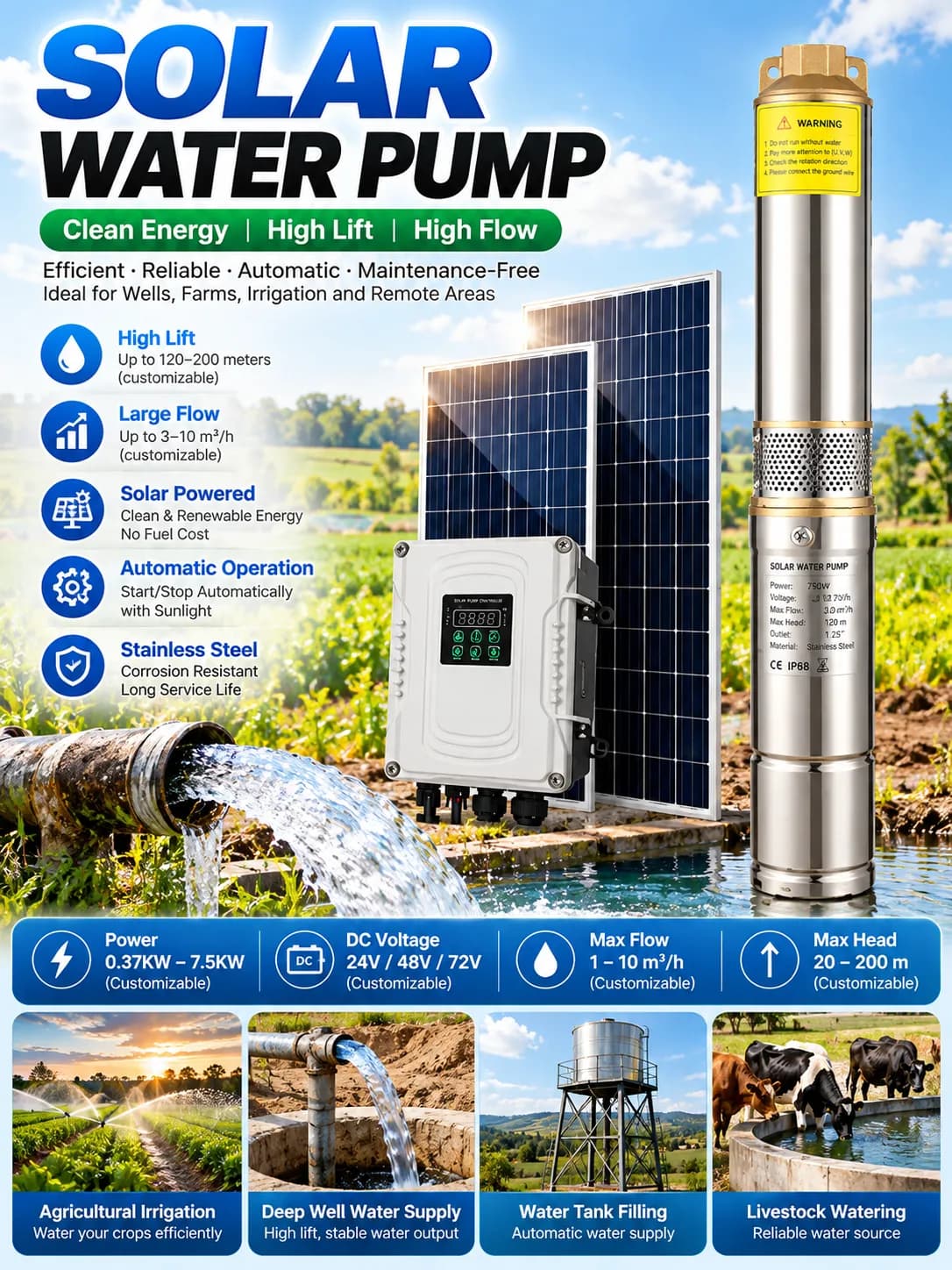Solar Submersible Water Pump – Stainless Steel, DC Powered, 12 Models for Wholesale