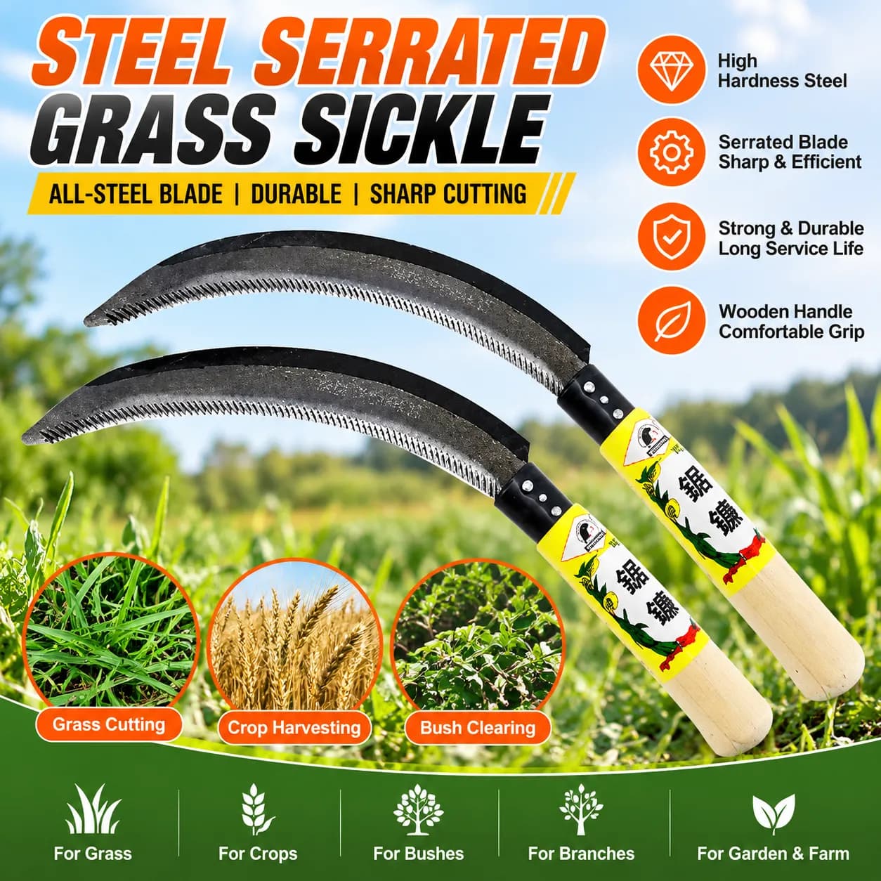 6.5-Inch All-Steel Sickle with Wooden Handle