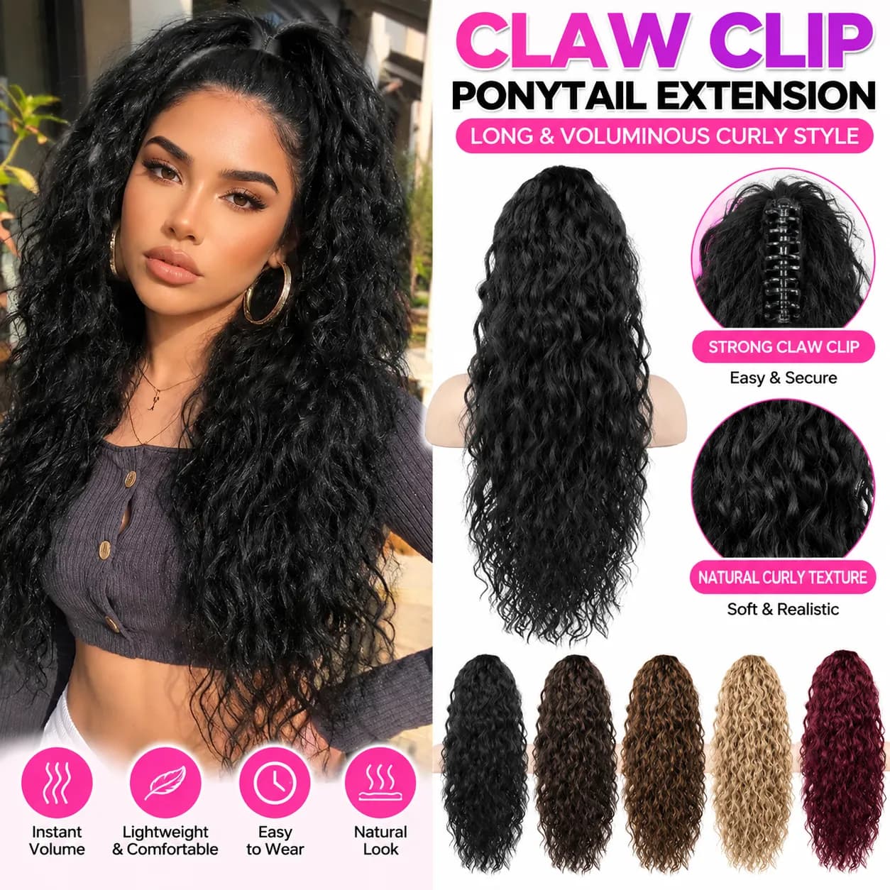 Clip-In Ponytail Hair Extension – Heat-Resistant Synthetic, Multiple Colors & Lengths