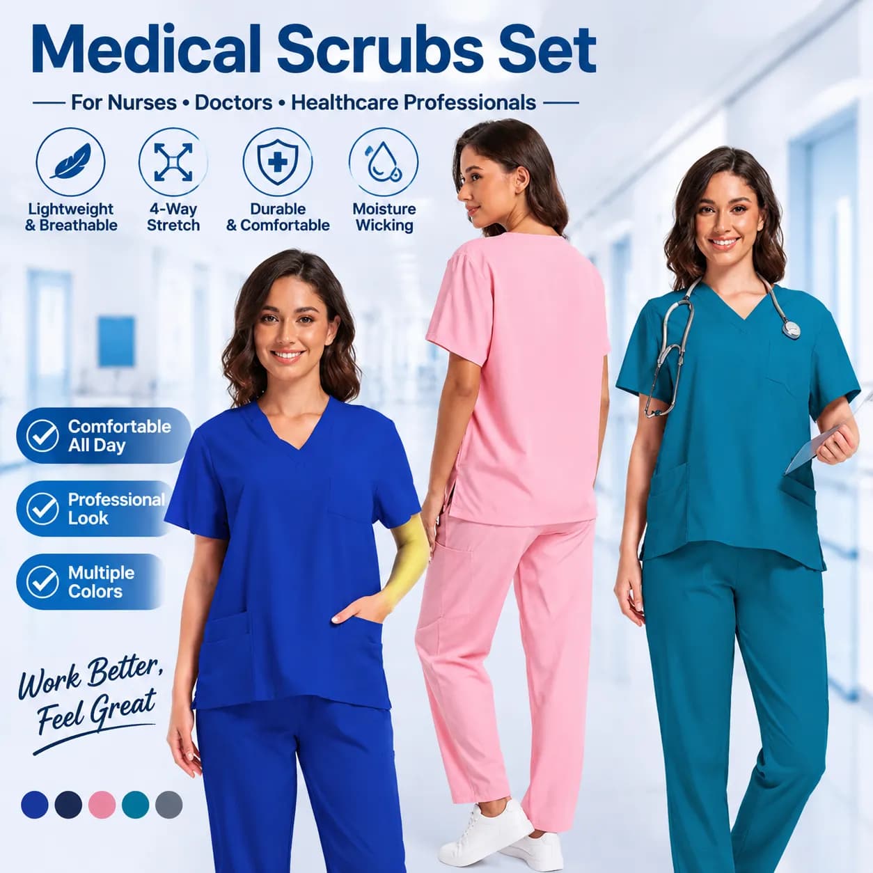 Medical Scrub Set - Moisture-Wicking Polyester, V-Neck, Short Sleeve, Multiple Colors