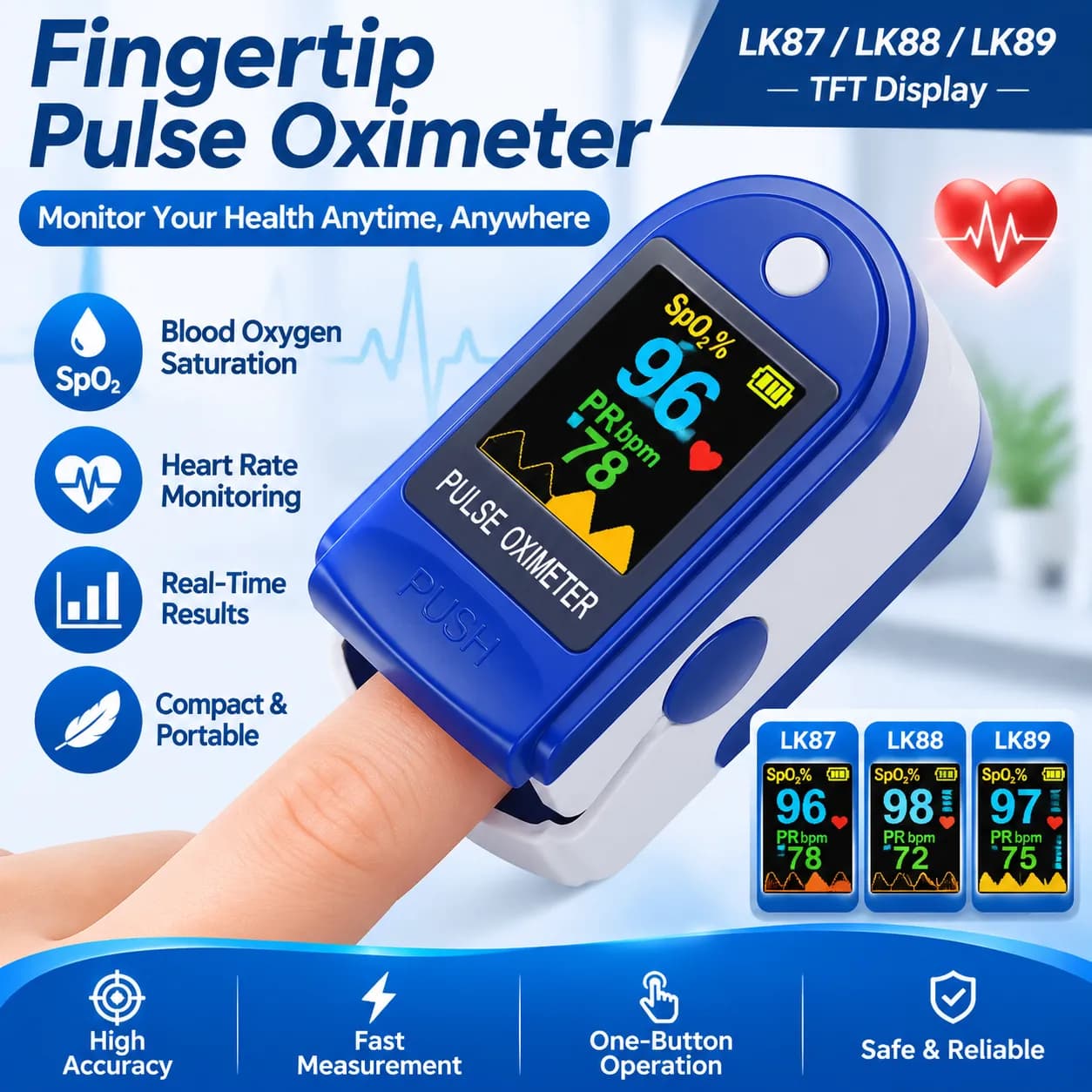 Fingertip Pulse Oximeter with TFT/LED Display