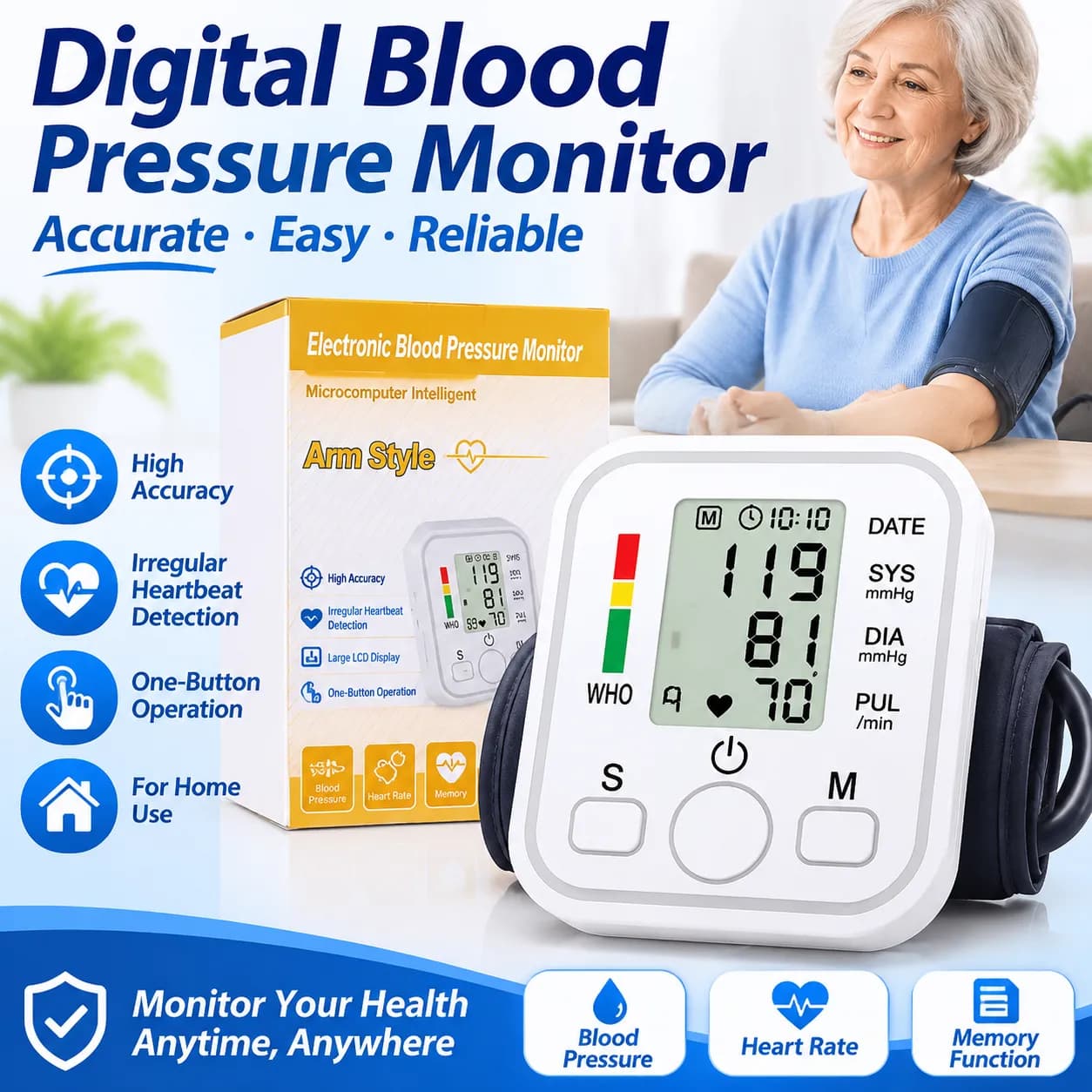 Digital Blood Pressure Monitor – Compact Home BP Machine with English Voice Option