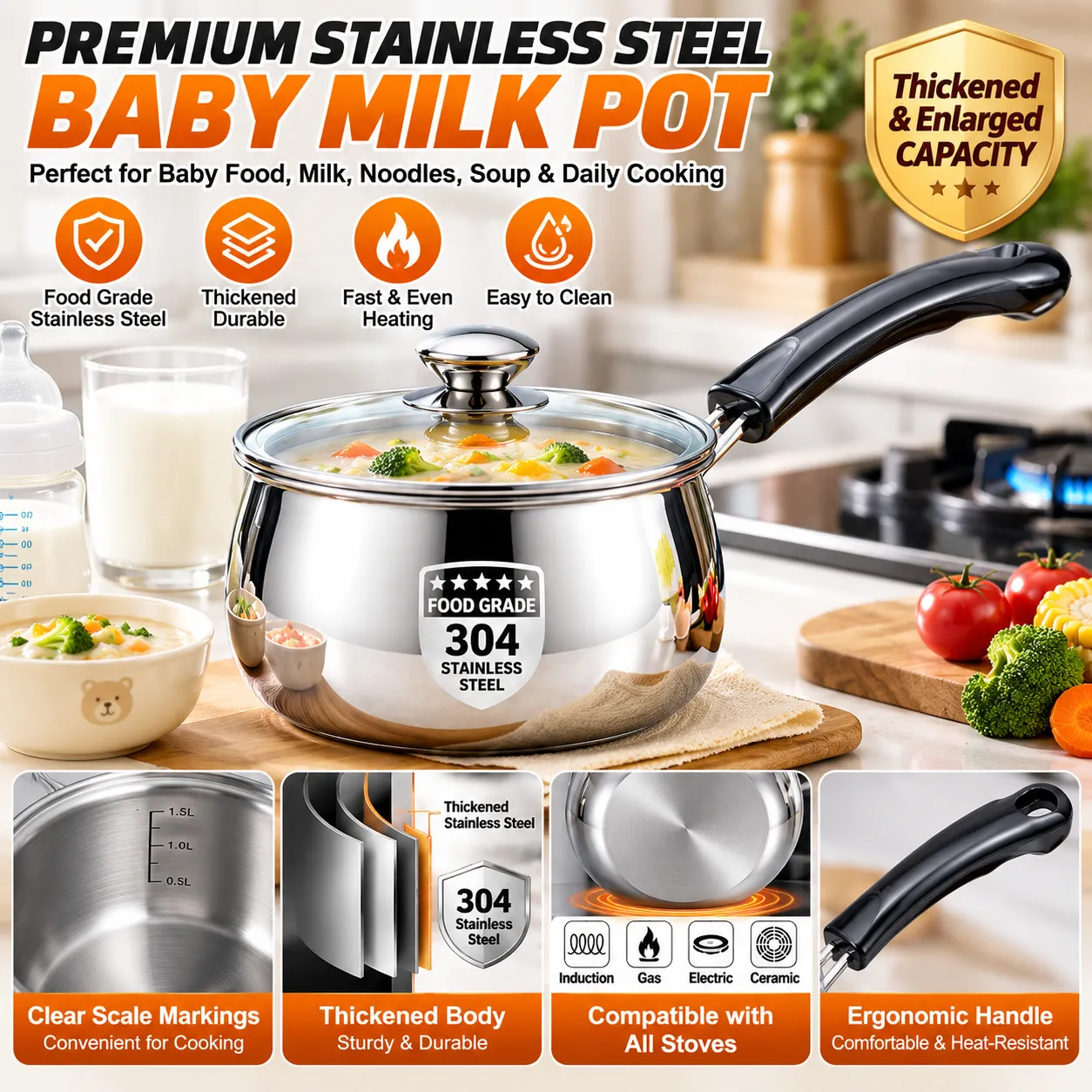 Stainless Steel Saucepan with Glass Lid & Anti-Scald Handle