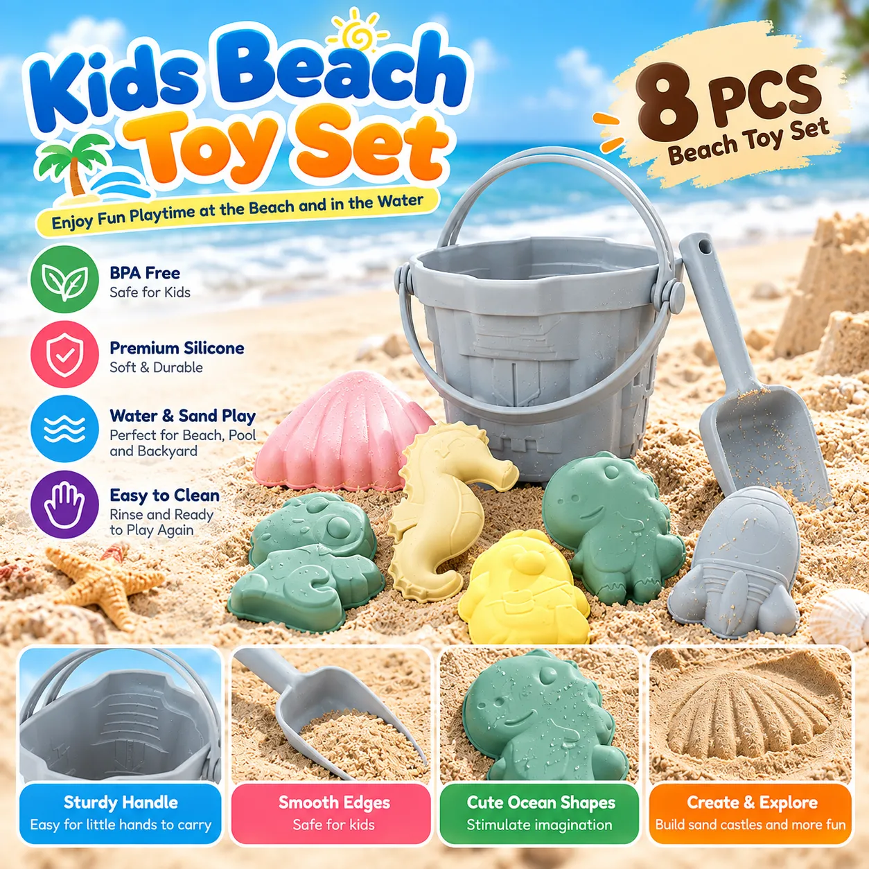 Kids' Silicone Beach Toy Set with Bucket & Shovel - Ocean Series