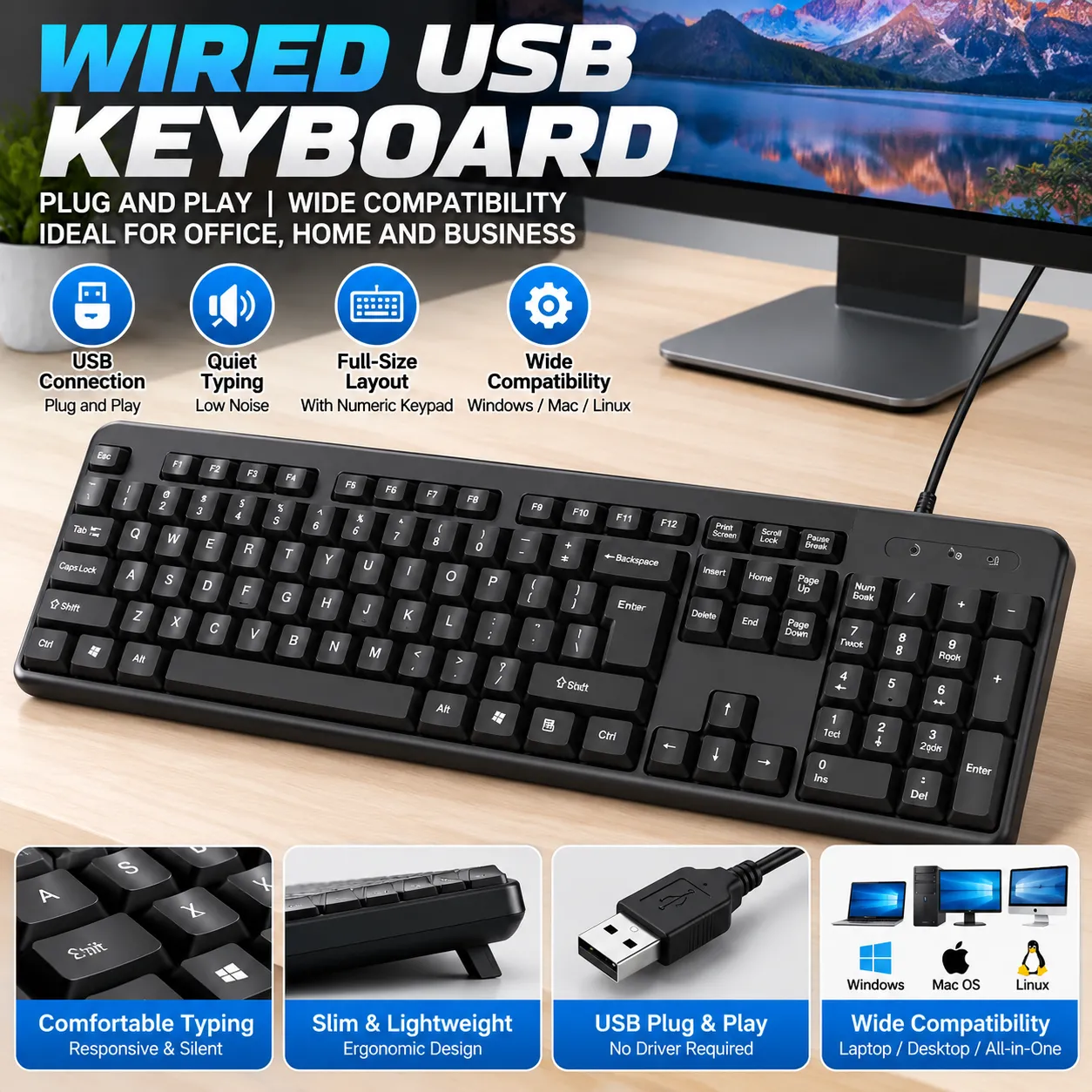 Wired Office Keyboard – 104 Keys, Water-Resistant, Ergonomic, 1.35m Cable