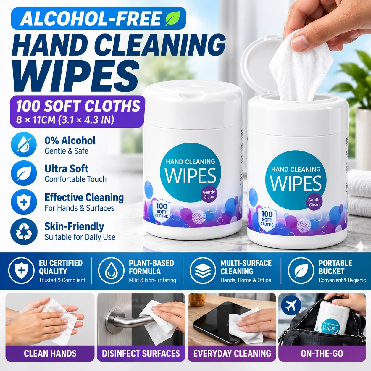 Disinfecting Wet Wipes, 100-Count Bucket, Alcohol-Free, Quaternary Ammonium, 10.5x8cm