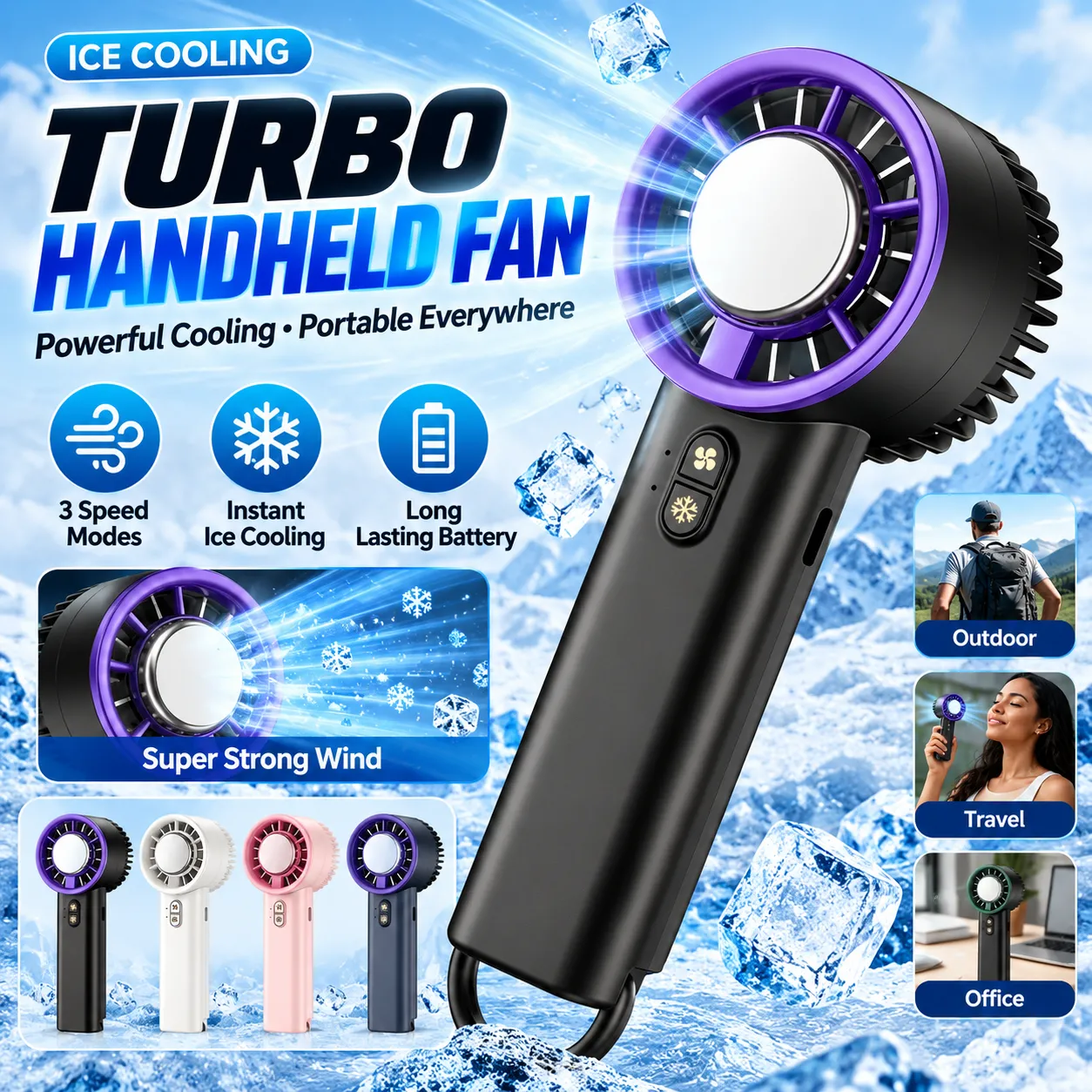 Portable Handheld Fan with Cooling Ice Compress, 5-Speed & 120-Speed Options