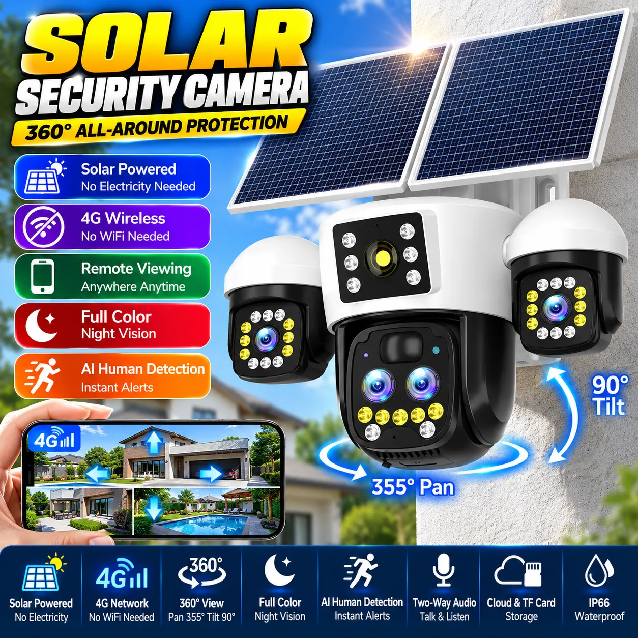 4G Solar-Powered Outdoor Security Camera – 4.5" IP66 Weatherproof, Two-Way Audio