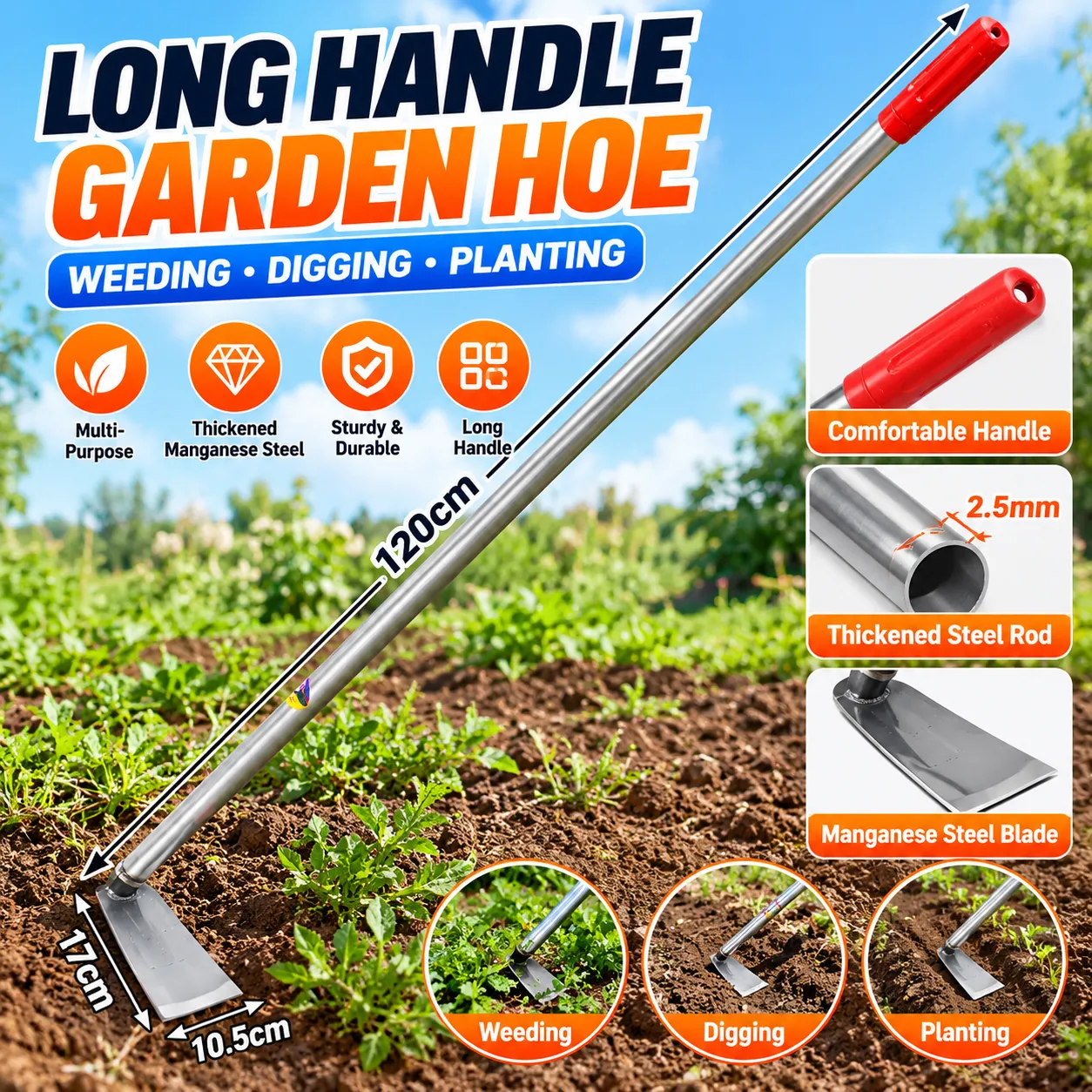 Steel Garden Hoe with Steel Handle — Multiple Sizes for Wholesale