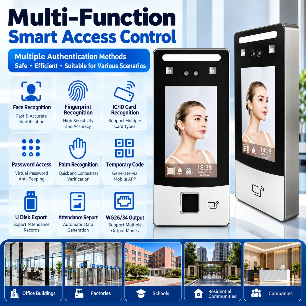 Multi-Modal Time Attendance & Access Control Terminal with Face, Palm, Card & Password