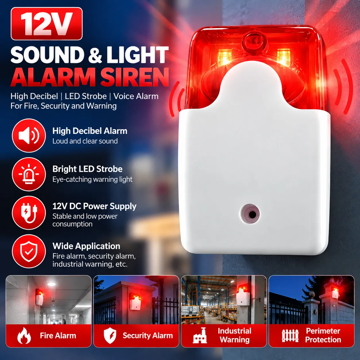 Compact 12V Wired Alarm Siren Horn 110dB for Fire & Security Systems