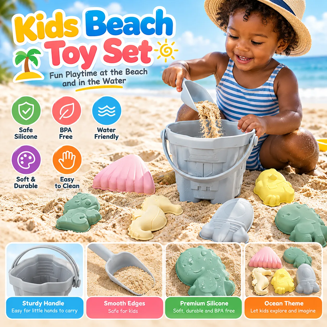 Kids' Beach Sand Toy Set – 6/8-Piece Bucket & Shovel Kits for Outdoor Play