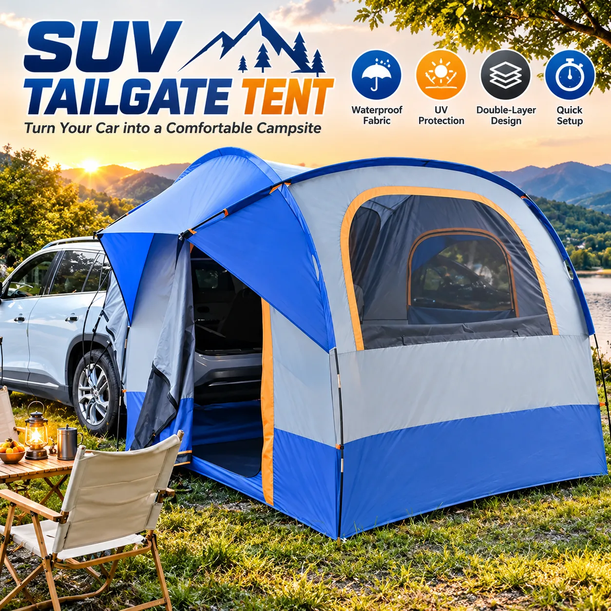 4-Season Car Rear Tent – Double Layer, Fiberglass Poles, 240x240x208cm