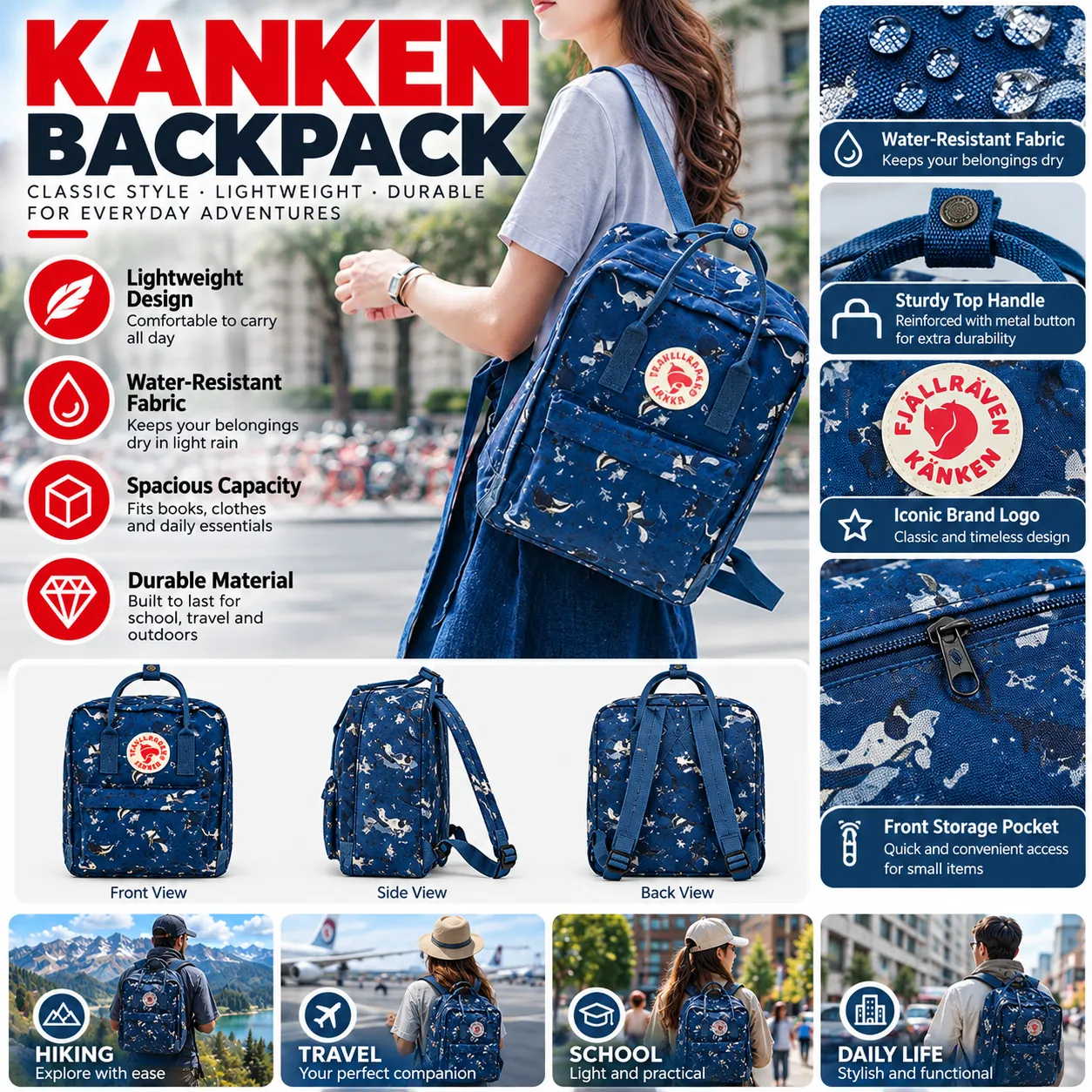 Waterproof Nylon Backpack with Laptop Compartment – 16" Casual Travel Daypack