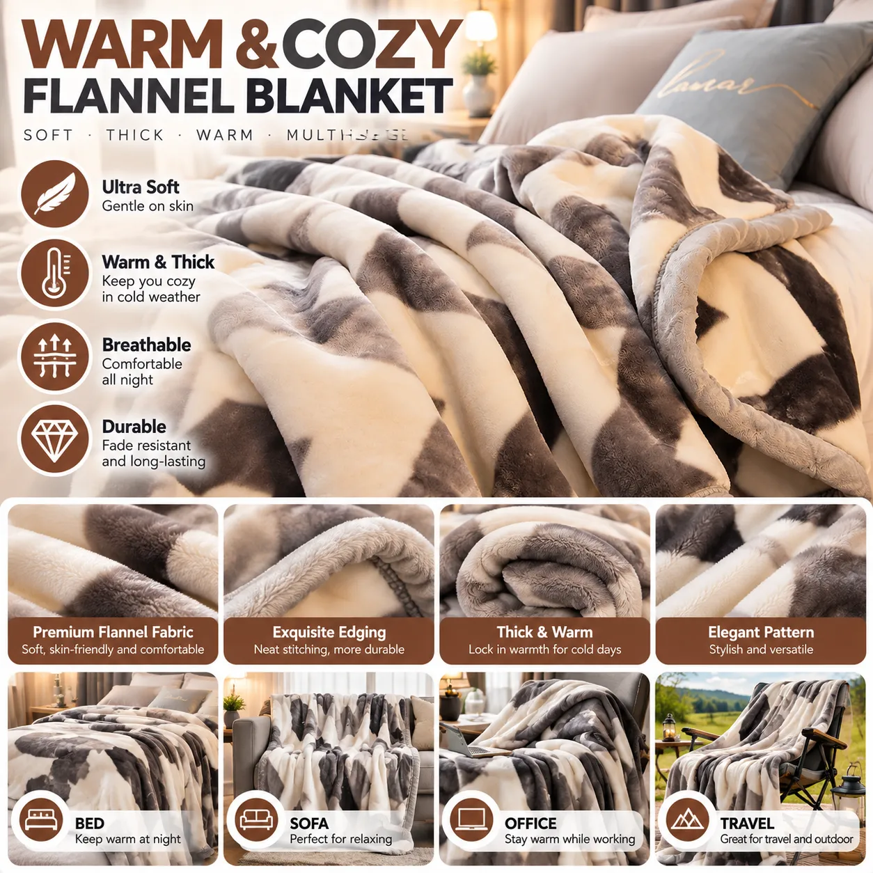 Raschel Plush Blanket – Double-Layer Fleece Throw for Sofa & Bed, Winter Warmth