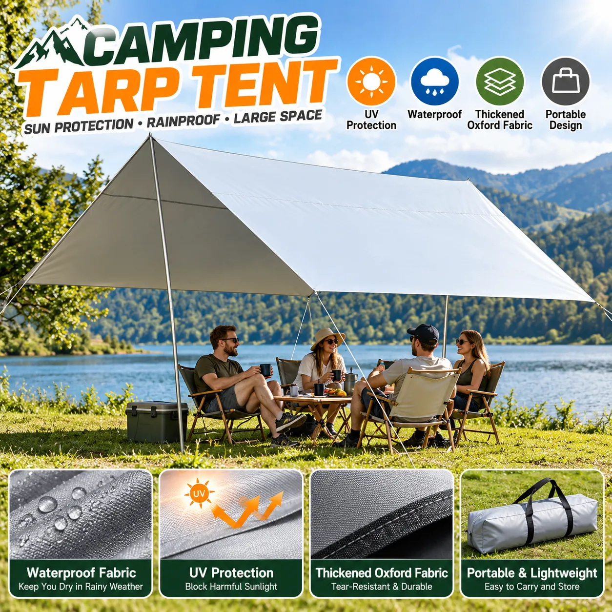 Waterproof Oxford Square Camping Tarp Canopy 400x400cm