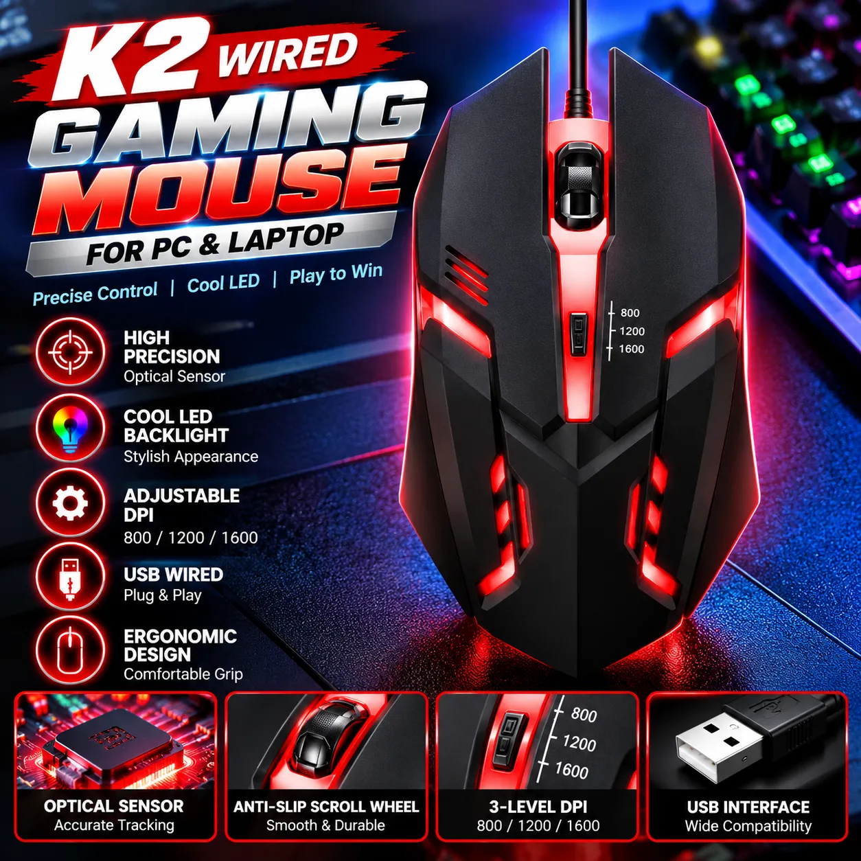 Wired Optical Mouse with Ergonomic Design & Adjustable DPI