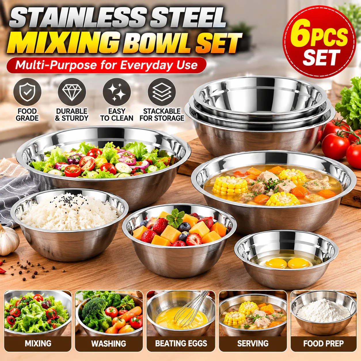 Stainless Steel Round Mixing & Serving Bowls - Wholesale & Custom Logo