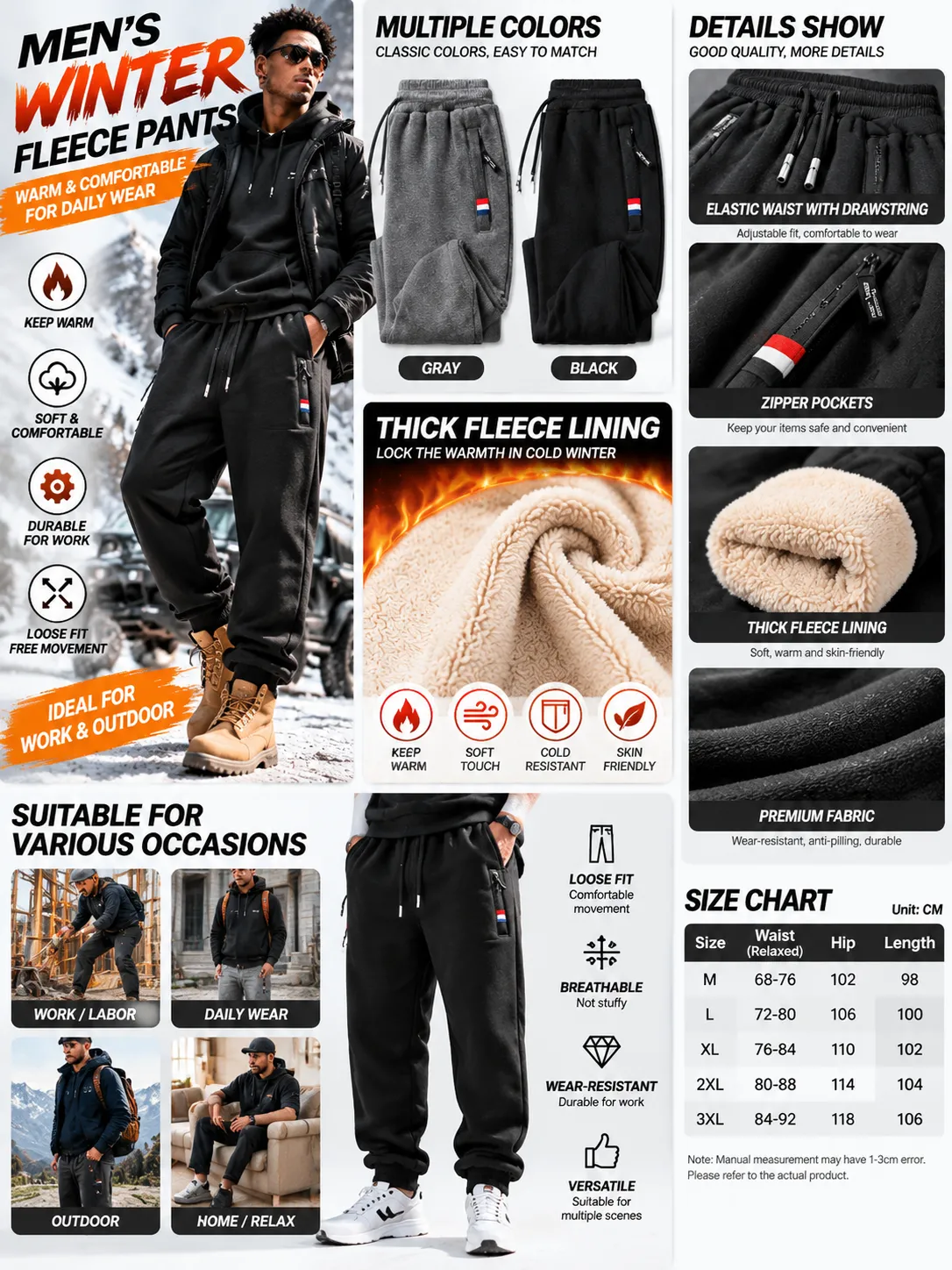 Men's Fleece-Lined Casual Jogger Pants – Loose Fit, Drawstring, Straight or Cuffed detail 1