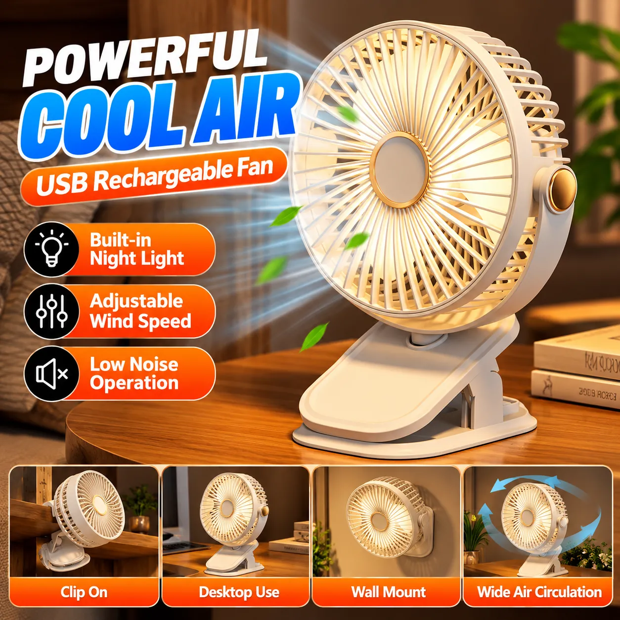 Portable Rechargeable Desk Fan with Night Light – 5-Speed, 3-Blade, 800–1000mAh