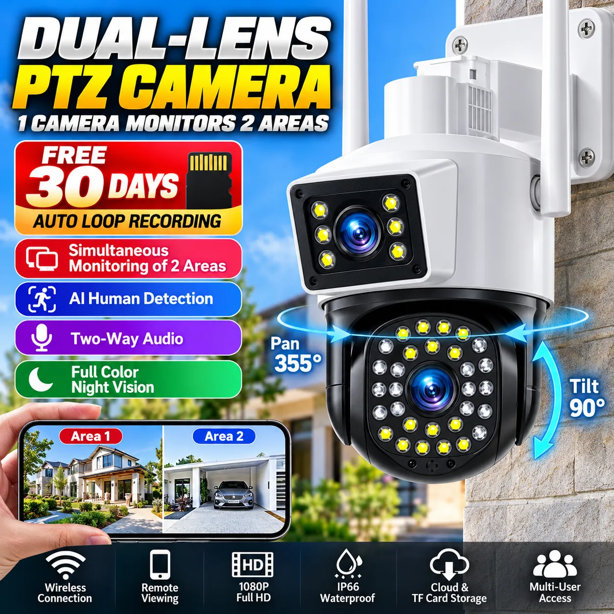 Dual-Lens Outdoor Security Camera — WiFi / 4G, 12mm Zoom, Night Vision, Cloud Storage