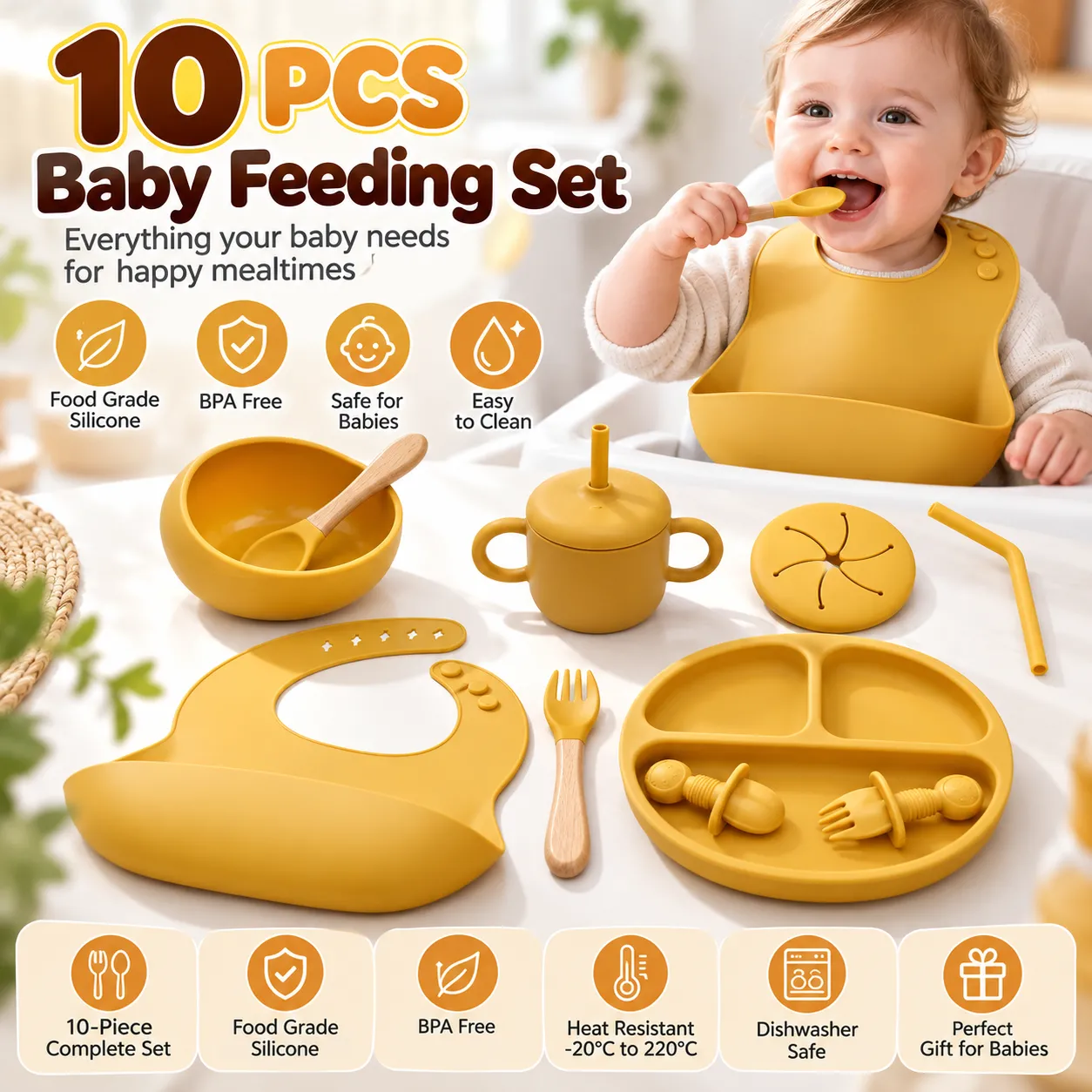Silicone Baby Feeding Set - 4/7/8/10 Piece BPA-Free Tableware